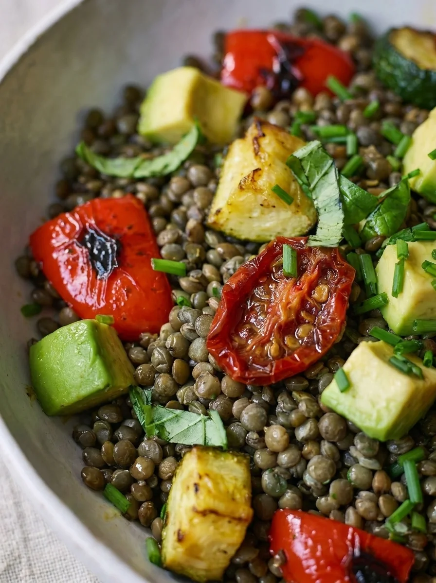 Close up of Puy lentils with roasted red pepper and avocado