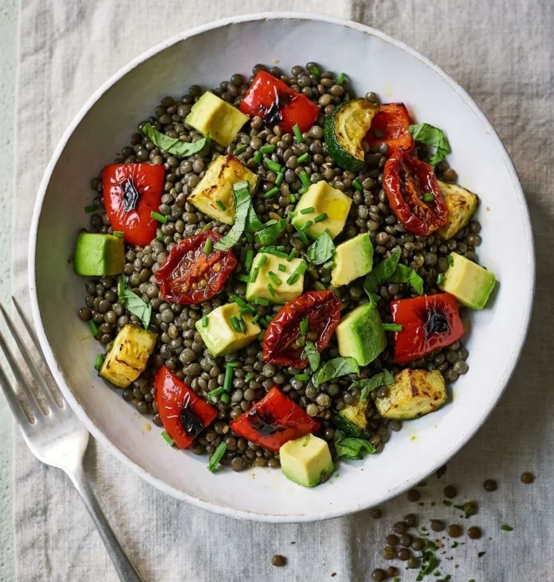 Puy lentil salad with roasted peppers, courgettes, avocado and chives