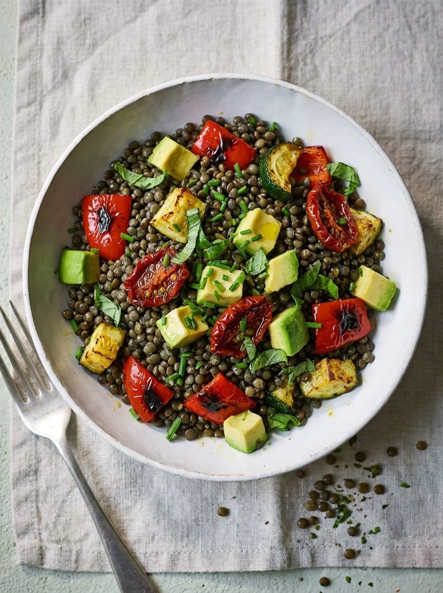 Puy lentil salad with roasted peppers, courgettes, avocado and chives