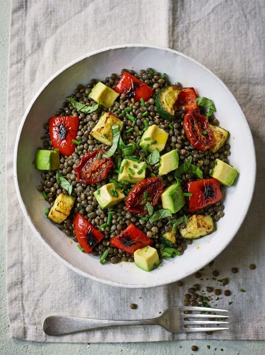 Overhead view of lentil salad with sunblush tomatoes and torn basil