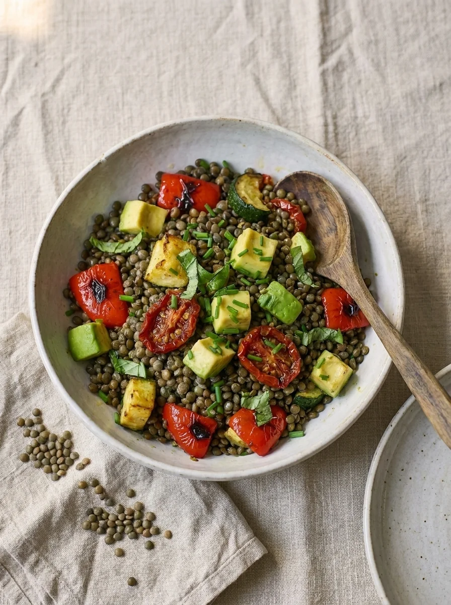Lentil salad on table with serving spoon and linen napkin