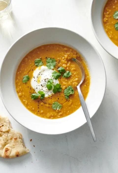 Gordon Ramsay spiced lentil soup with yoghurt coriander and naan bread