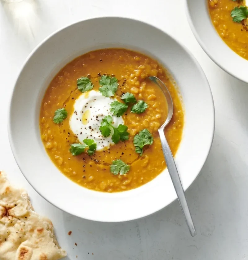 Gordon Ramsay spiced lentil soup with yoghurt coriander and naan bread
