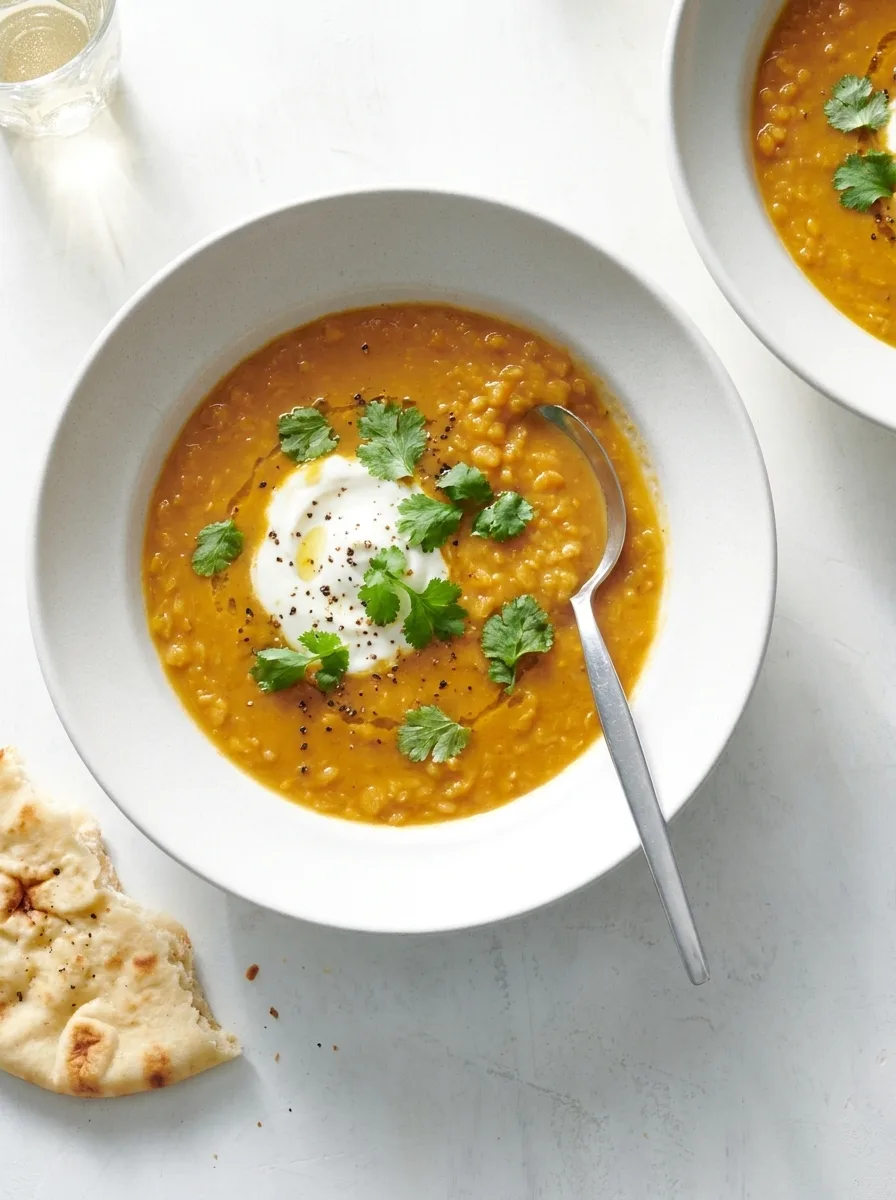 Gordon Ramsay spiced lentil soup with yoghurt coriander and naan bread