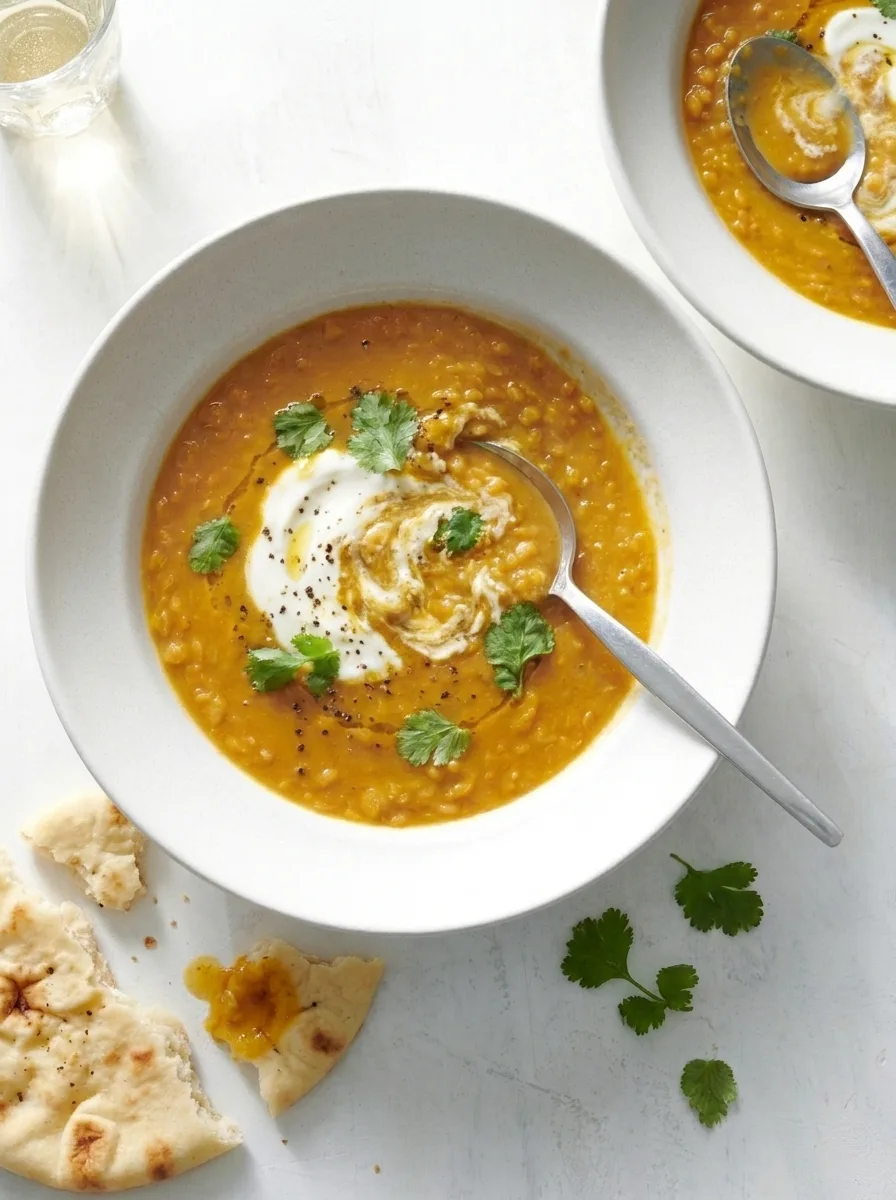 Gordon Ramsay lentil soup mid meal with swirled yoghurt and torn naan
