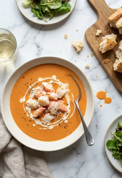 Gordon Ramsay lobster bisque with chunky lobster meat cream drizzle and crusty bread