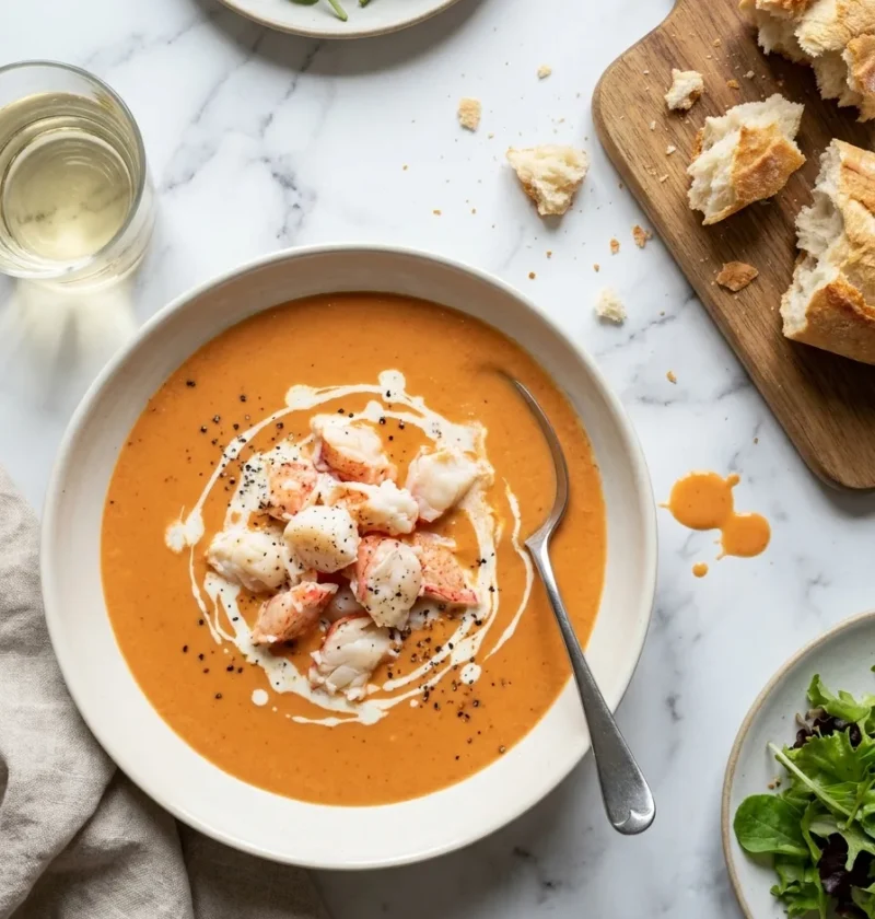 Gordon Ramsay lobster bisque with chunky lobster meat cream drizzle and crusty bread