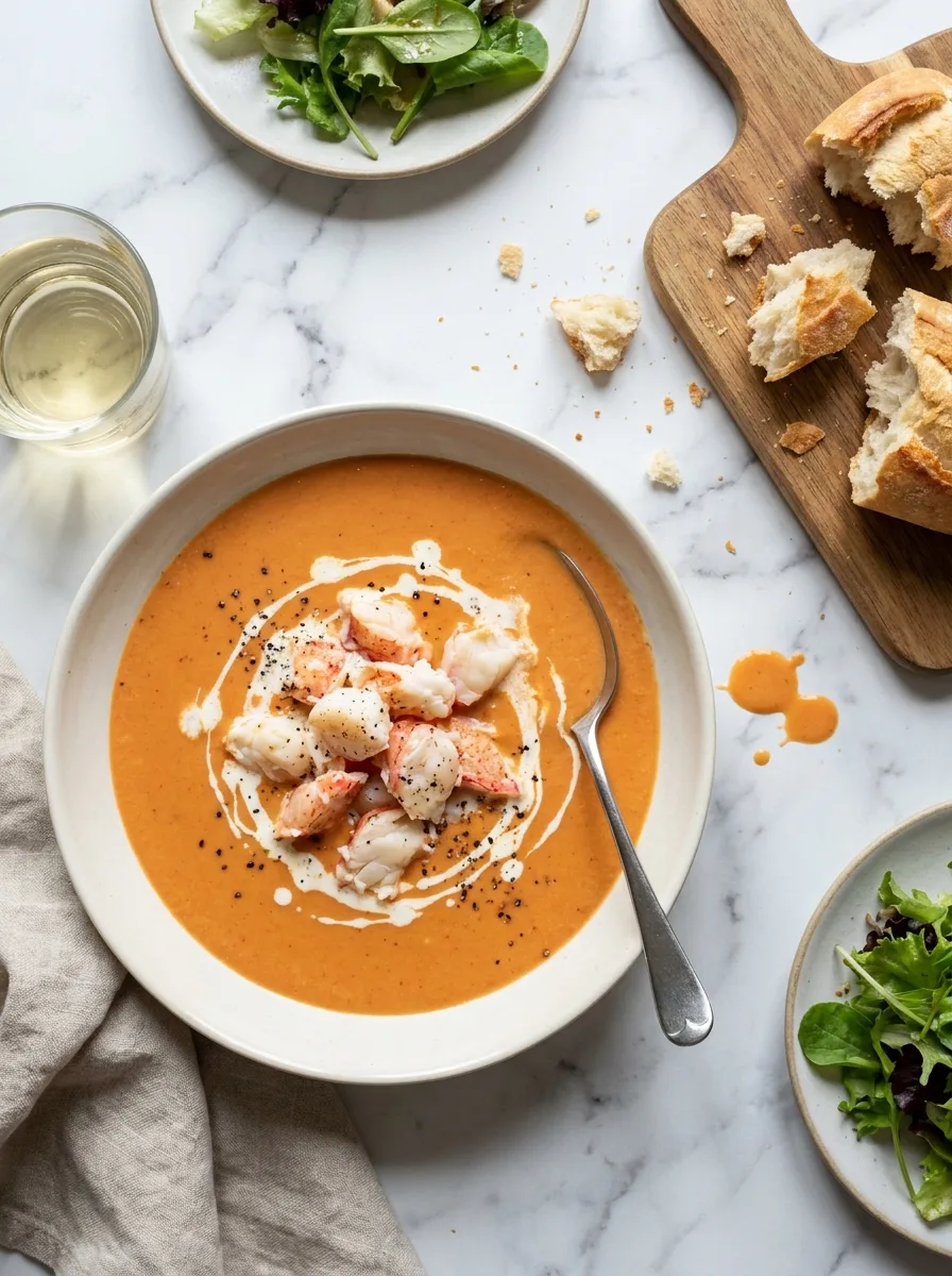 Gordon Ramsay lobster bisque with chunky lobster meat cream drizzle and crusty bread