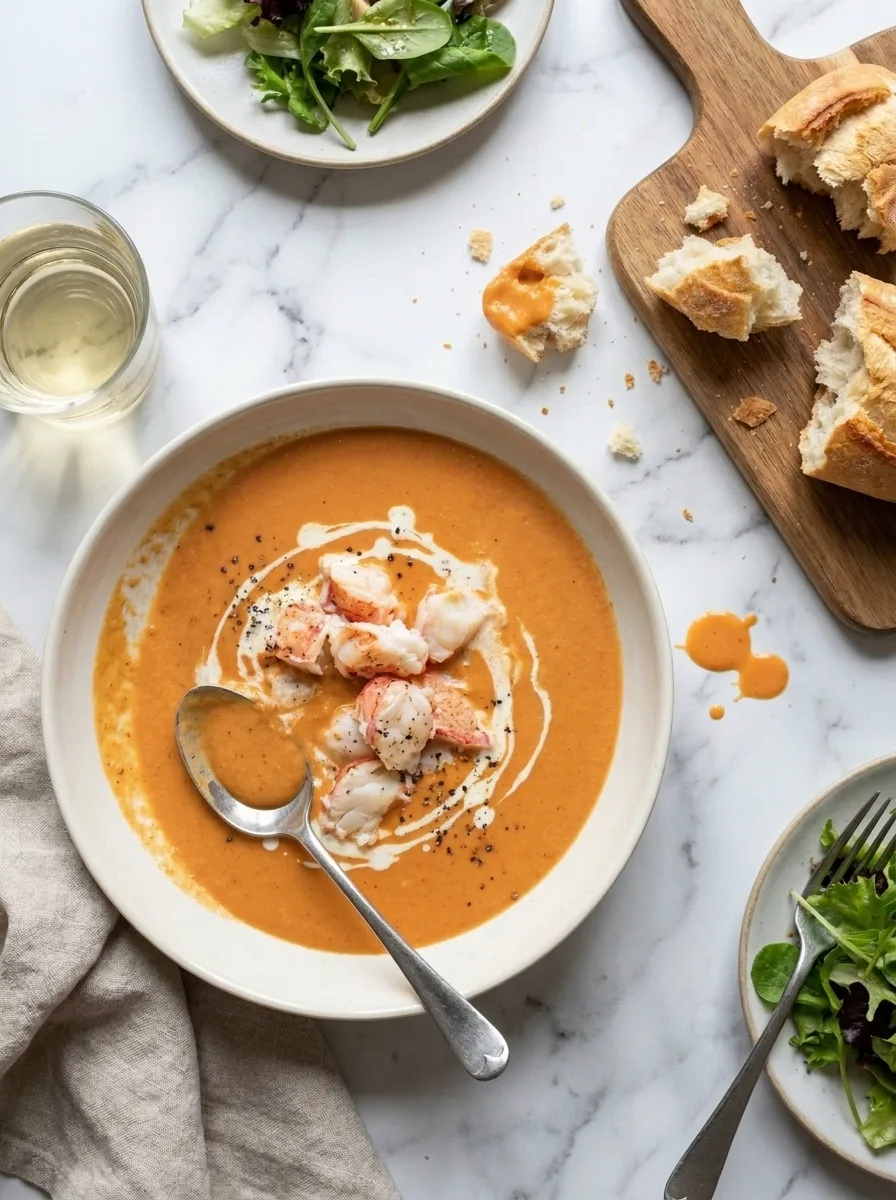 Gordon Ramsay homemade lobster bisque mid meal with bread and side salad
