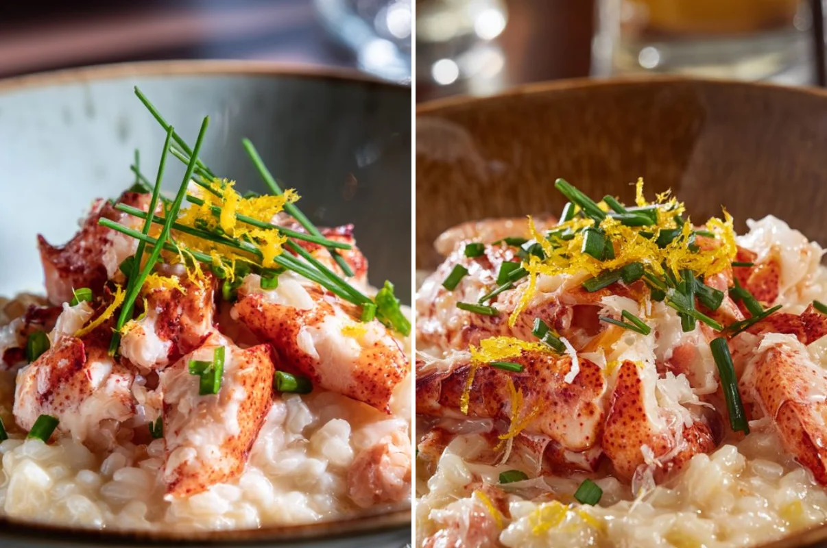 Two angles of Gordon Ramsay lobster risotto showing creamy rice and butter-seared lobster pieces
