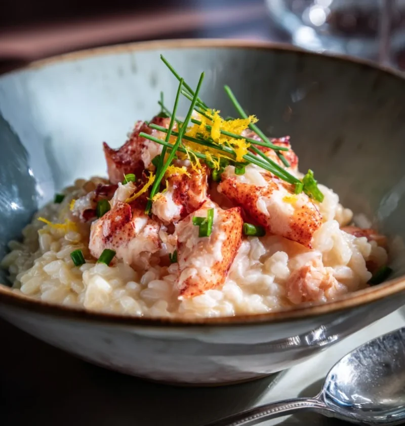Gordon Ramsay lobster risotto in a bowl with lobster chunks, chives and lemon zest