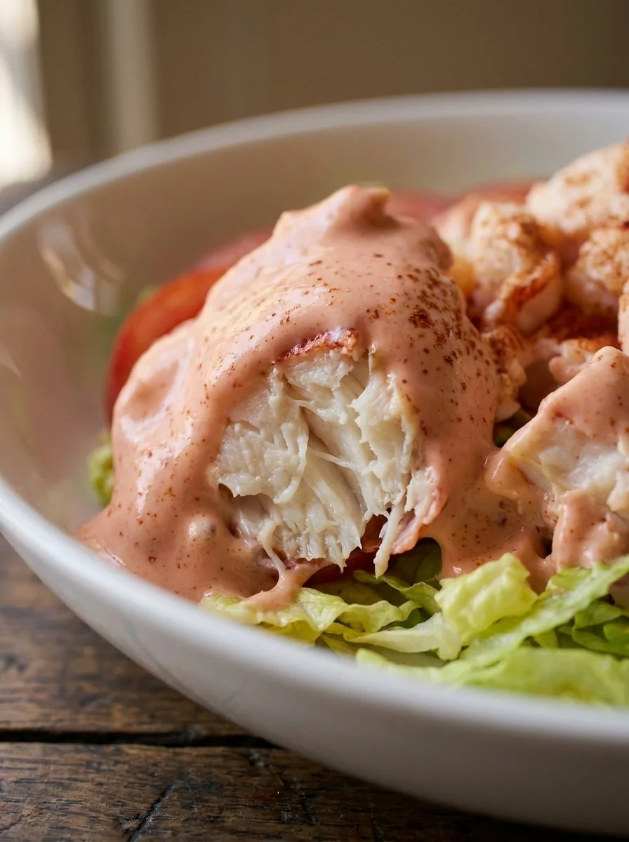 Close up of torn lobster meat in Marie Rose sauce with paprika