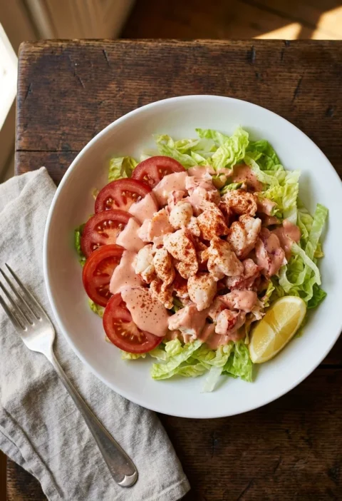 Lobster salad with torn chunks in pink Marie Rose sauce on shredded lettuce