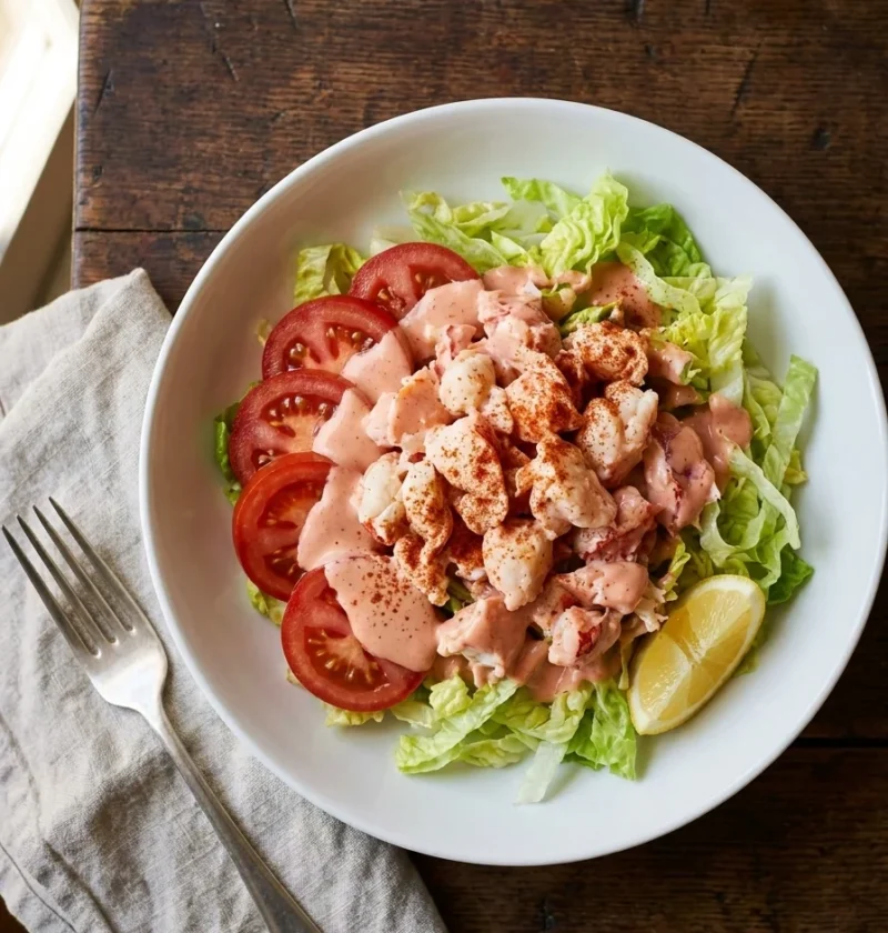 Lobster salad with torn chunks in pink Marie Rose sauce on shredded lettuce