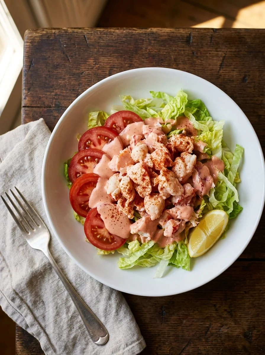 Lobster salad with torn chunks in pink Marie Rose sauce on shredded lettuce