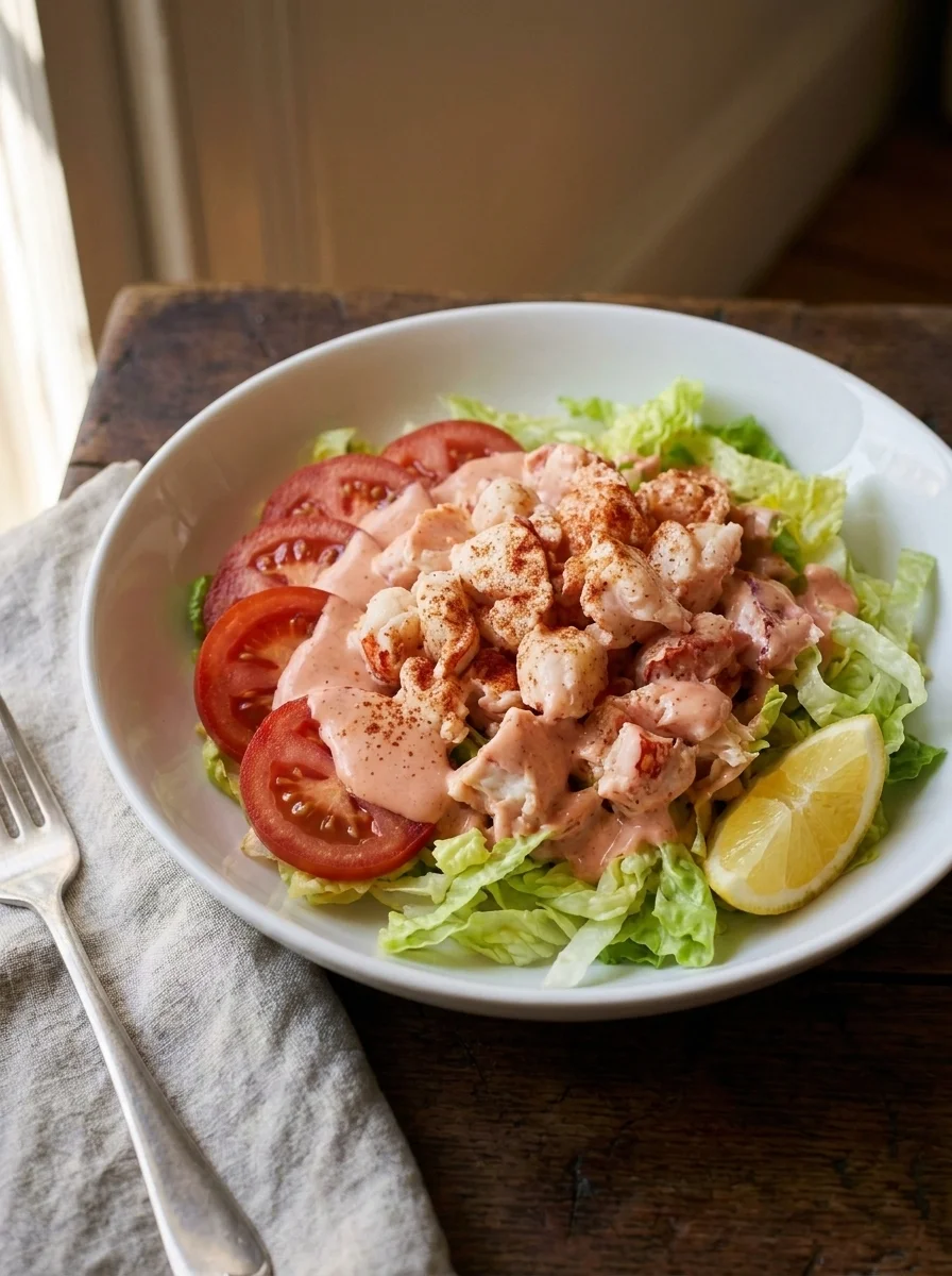Side view of lobster salad showing pink Marie Rose and paprika