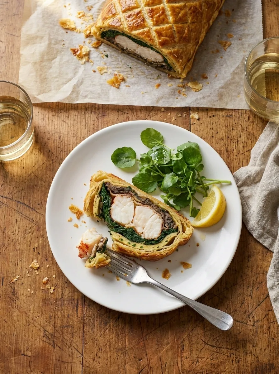 Gordon Ramsay lobster wellington served on a plate with watercress and lemon