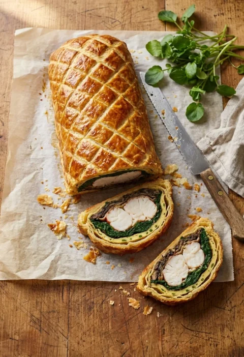 Gordon Ramsay lobster wellington sliced showing white lobster meat green spinach and golden pastry