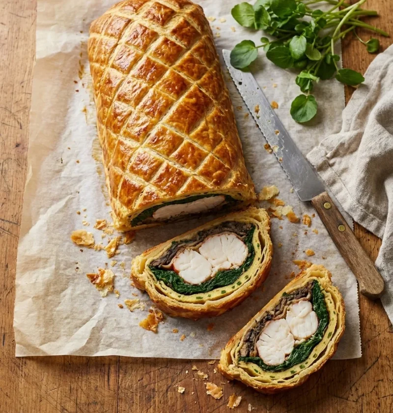 Gordon Ramsay lobster wellington sliced showing white lobster meat green spinach and golden pastry
