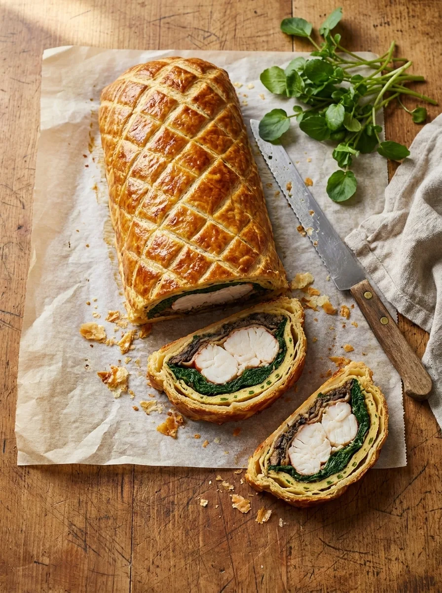 Gordon Ramsay lobster wellington sliced showing white lobster meat green spinach and golden pastry