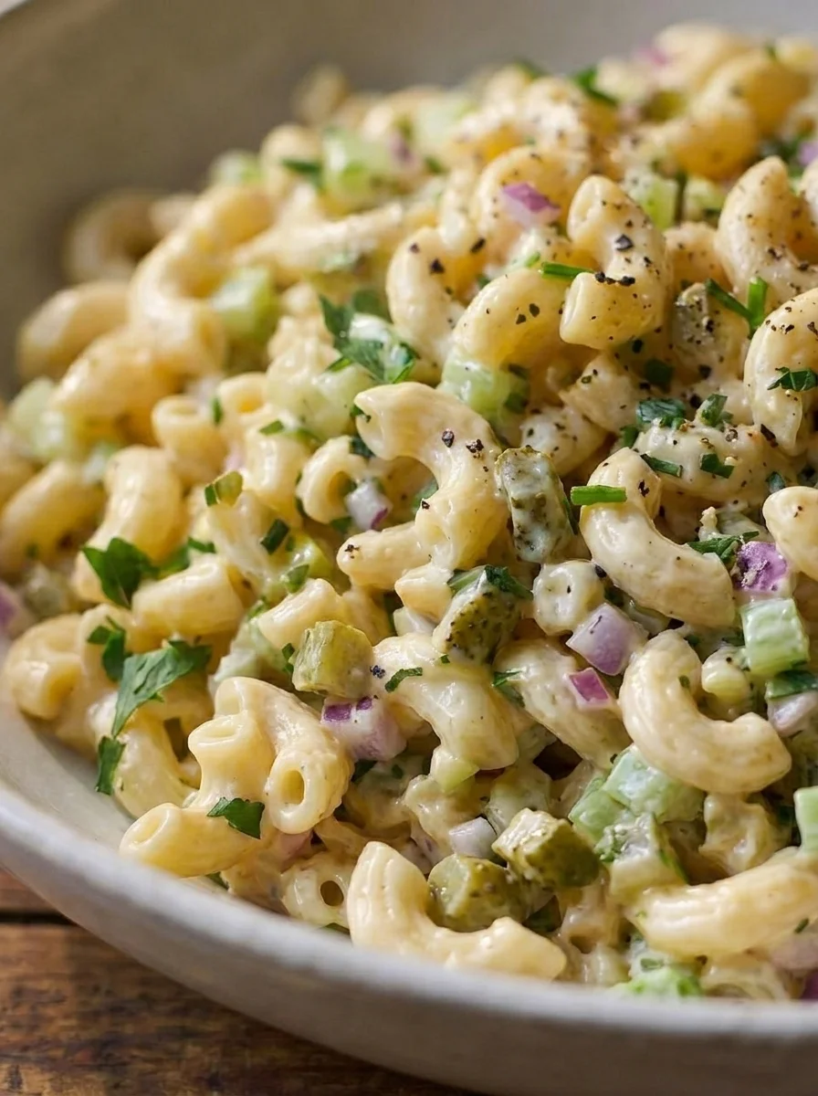 Close up of elbow macaroni with mayo dressing and diced vegetables