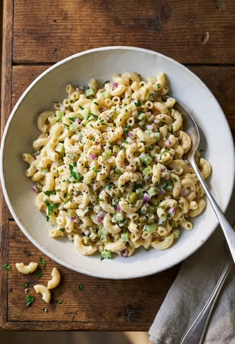Creamy macaroni salad with diced celery, red onion, cornichons and herbs