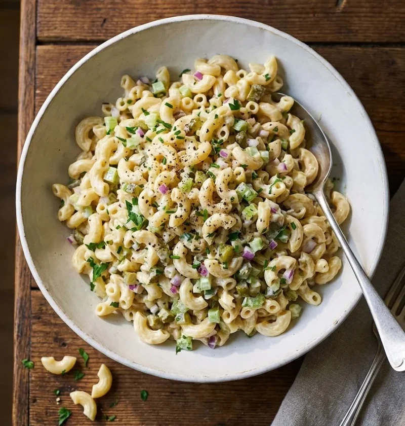 Creamy macaroni salad with diced celery, red onion, cornichons and herbs