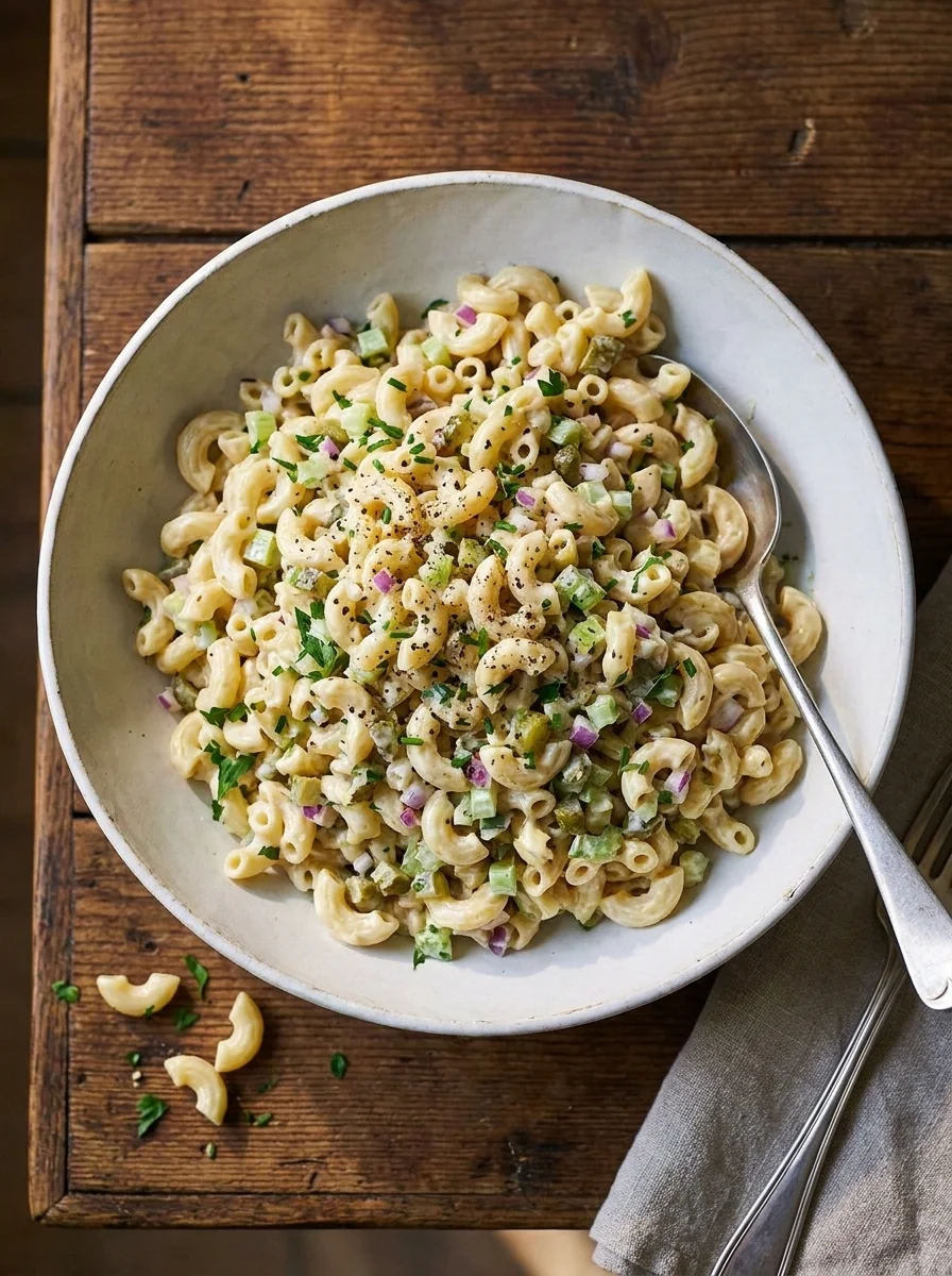 Creamy macaroni salad with diced celery, red onion, cornichons and herbs