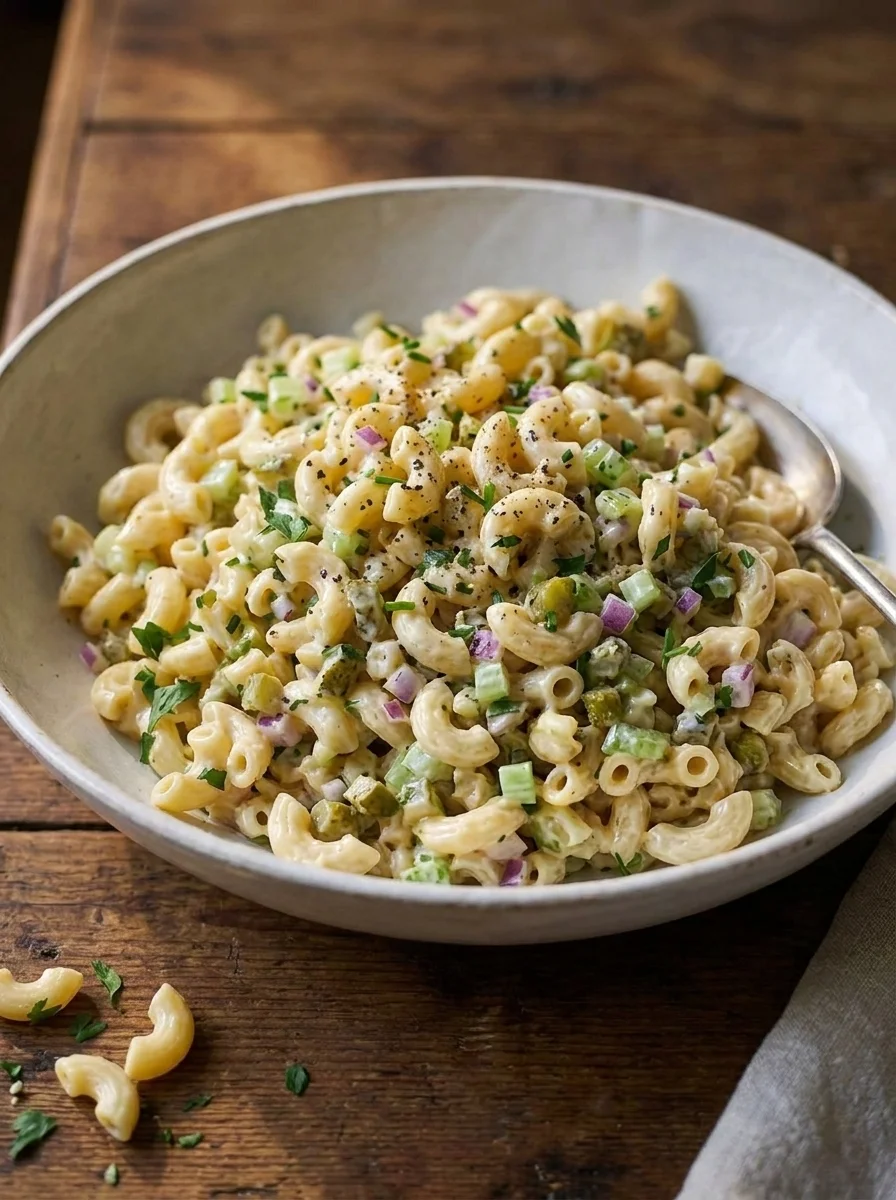 Side view of macaroni salad showing creamy dressing coating
