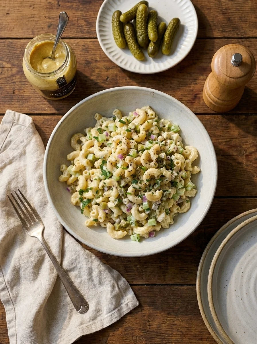 Macaroni salad summer lunch scene on wood table with mustard jar