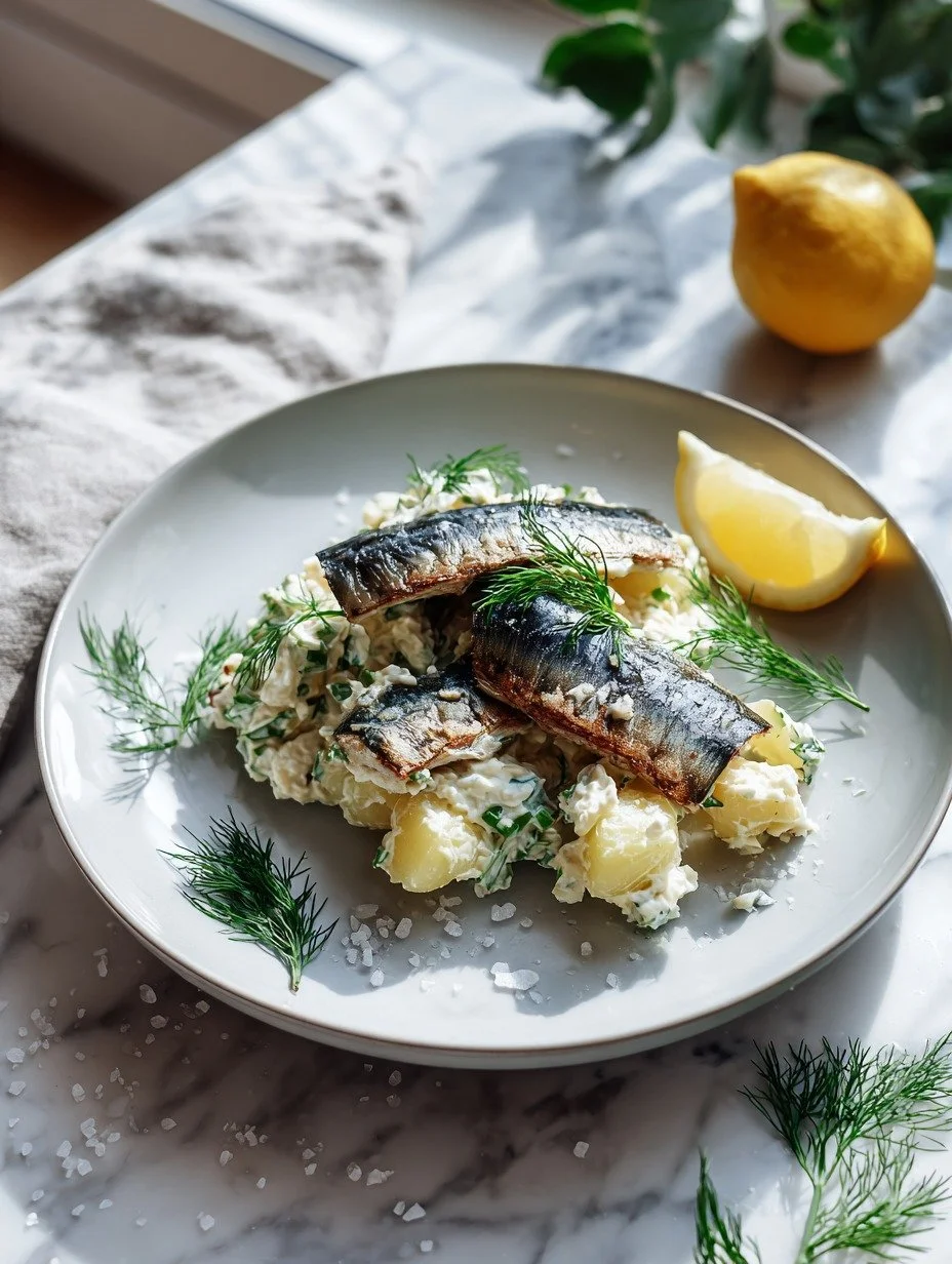 Gordon Ramsay mackerel and potato salad with grilled mackerel dill crème fraîche and lemon