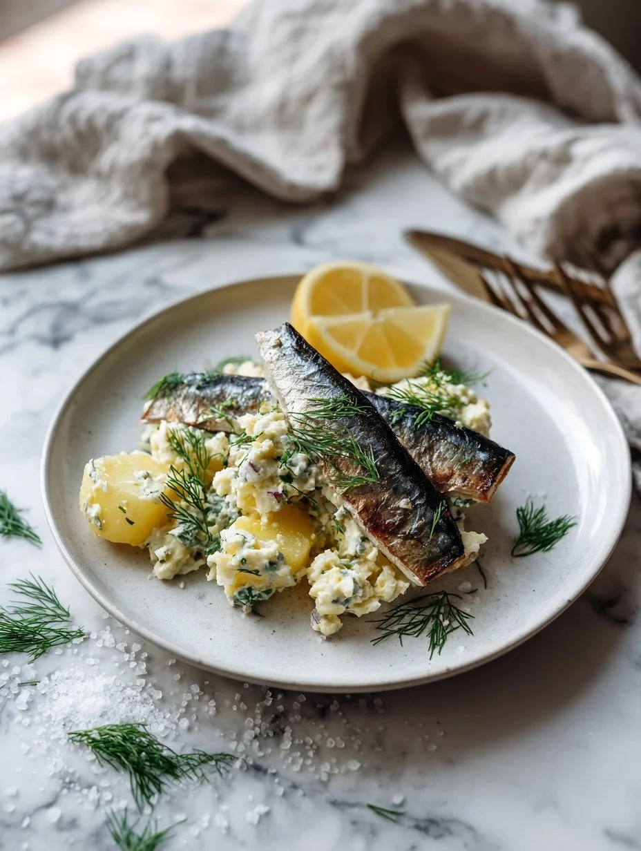 Grilled mackerel fillets on warm potato salad with dill capers and lemon wedge