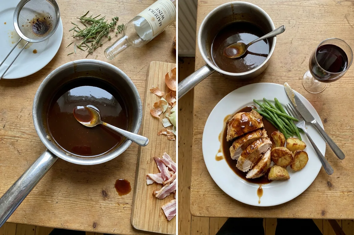 Gordon Ramsay Madeira sauce in pan and poured over roast chicken with potatoes