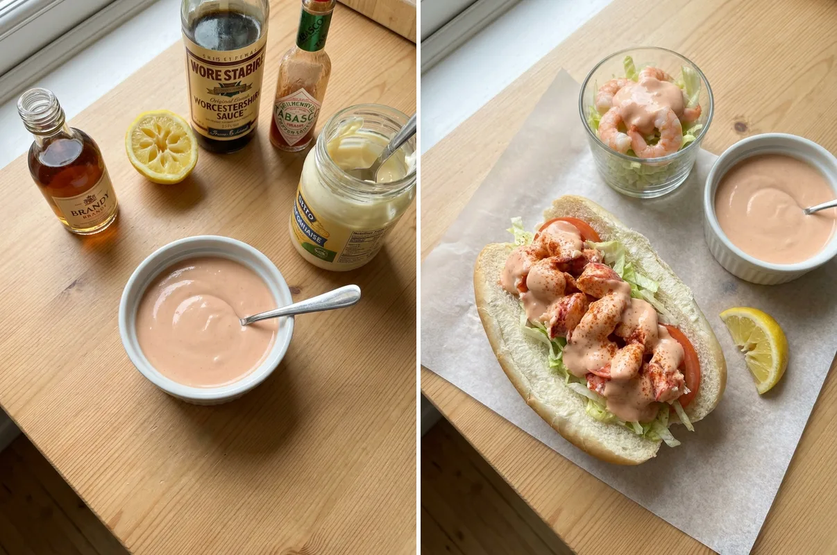 Gordon Ramsay Marie Rose sauce in bowl and served with lobster roll and prawn cocktail