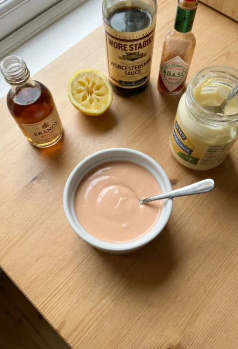 Gordon Ramsay Marie Rose sauce smooth and pink in a white bowl
