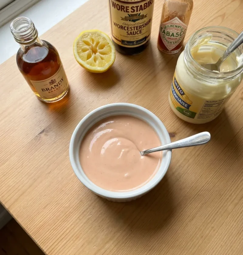 Gordon Ramsay Marie Rose sauce smooth and pink in a white bowl