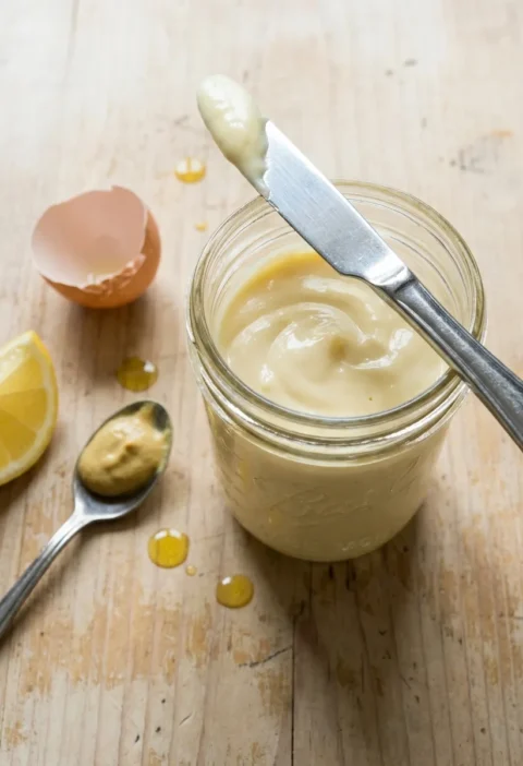 Gordon Ramsay homemade mayonnaise thick and glossy in a glass jar