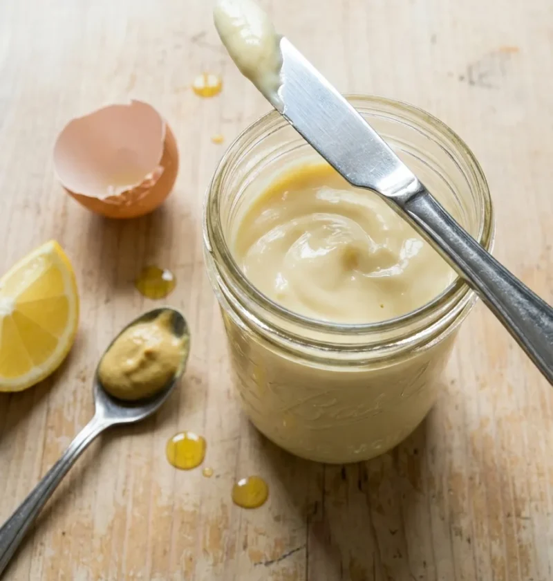 Gordon Ramsay homemade mayonnaise thick and glossy in a glass jar
