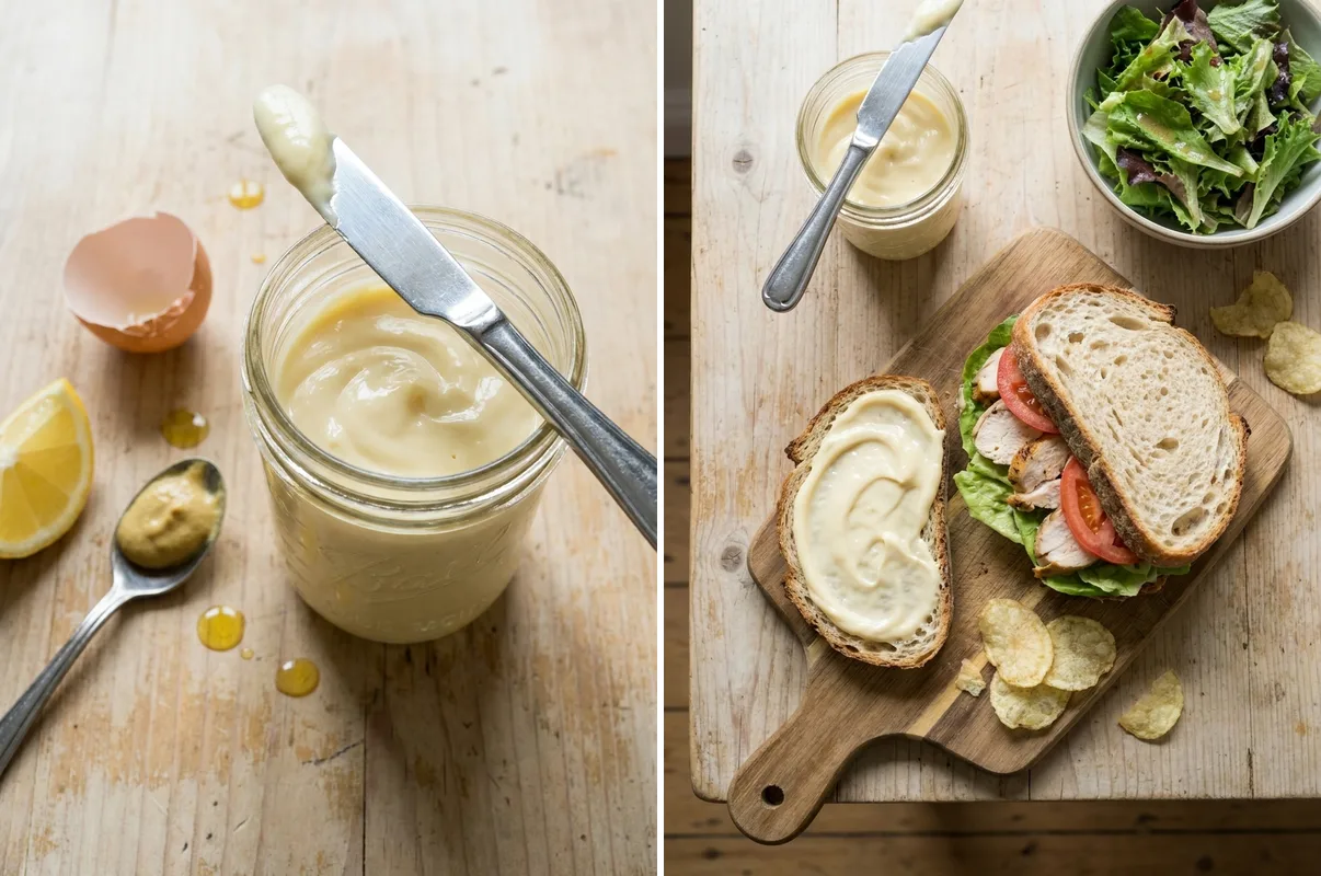 Gordon Ramsay homemade mayonnaise in jar and spread on a chicken sandwich