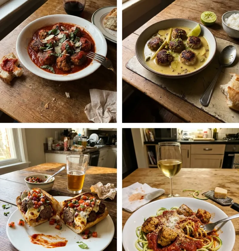 Gordon Ramsay meatball recipes grid showing Italian meatballs coconut broth meatball sub and turkey meatballs