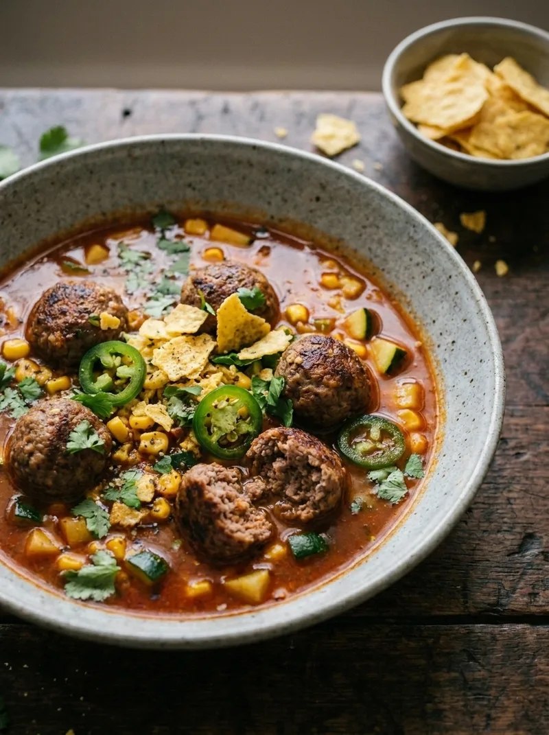 Close-up of meatball soup showing browned meatballs and jalapeño in chipotle broth