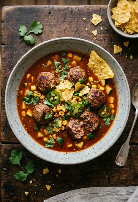 Gordon Ramsay spicy meatball soup with chipotle broth, sweetcorn, tortilla chips and coriander