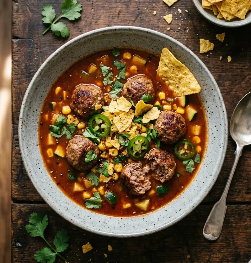 Gordon Ramsay spicy meatball soup with chipotle broth, sweetcorn, tortilla chips and coriander