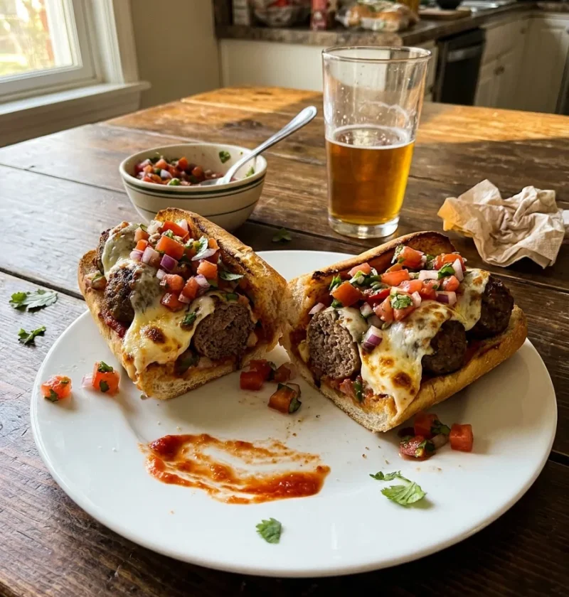 Gordon Ramsay meatball sub with melted mozzarella and fresh tomato salsa