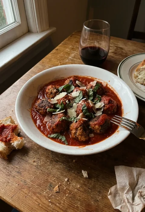 Gordon Ramsay meatballs in tomato sauce with basil and Parmesan served with crusty bread