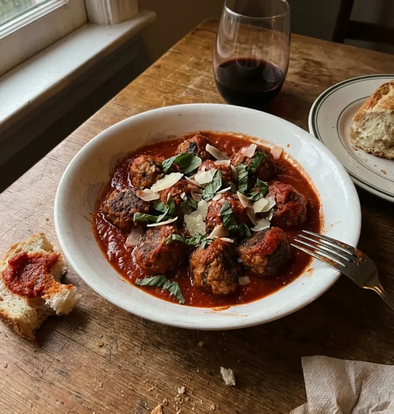 Gordon Ramsay meatballs in tomato sauce with basil and Parmesan served with crusty bread