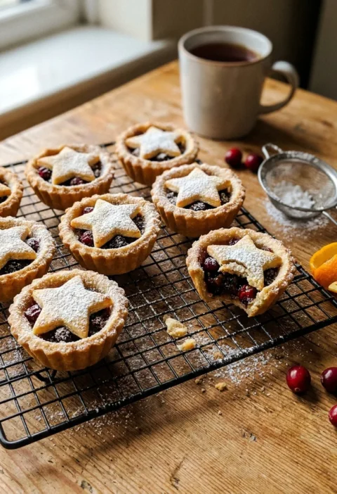 Gordon Ramsay mince pies cooling on a wire rack, small fluted shortcrust pies with pastry stars and icing sugar, dark mincemeat and cranberry filling visible