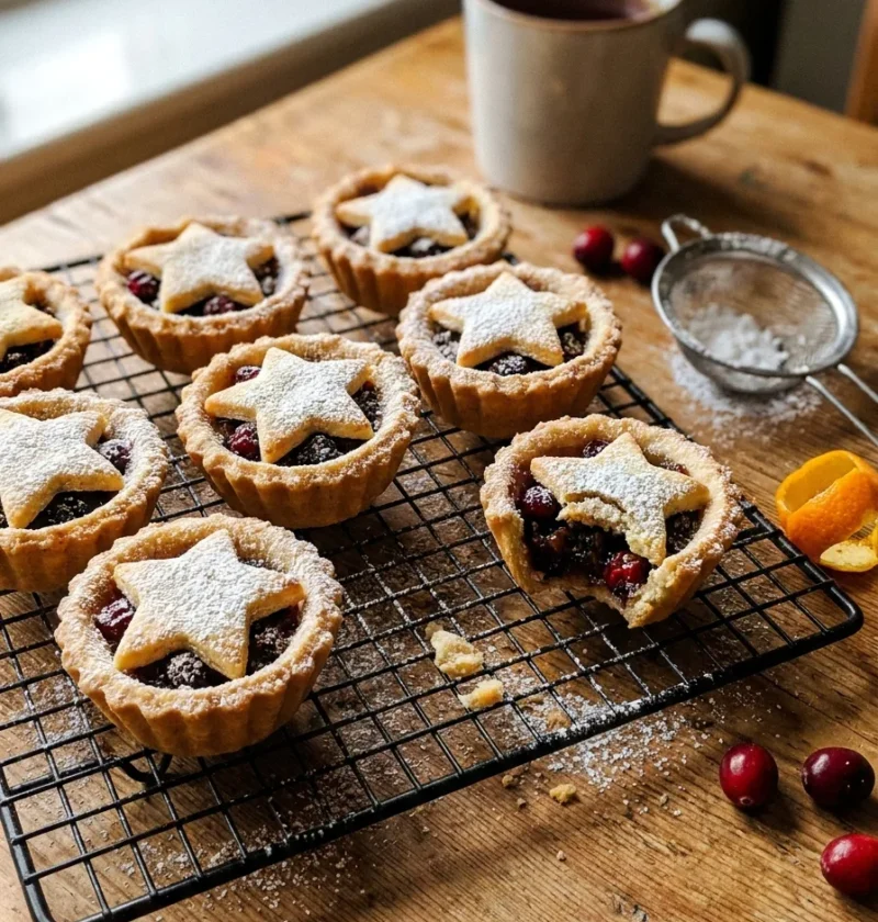 Gordon Ramsay mince pies cooling on a wire rack, small fluted shortcrust pies with pastry stars and icing sugar, dark mincemeat and cranberry filling visible