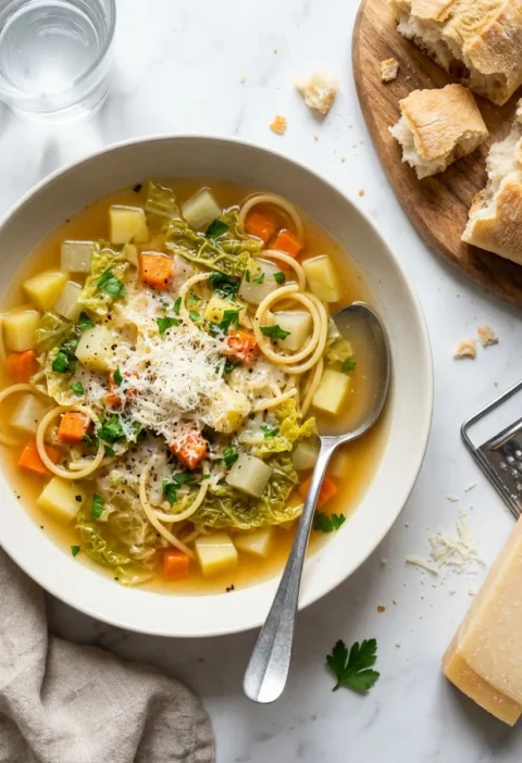 Gordon Ramsay minestrone soup with potato carrot cabbage spaghetti and Parmesan