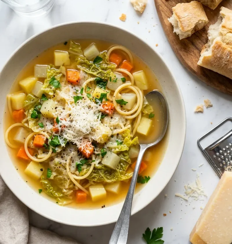 Gordon Ramsay minestrone soup with potato carrot cabbage spaghetti and Parmesan